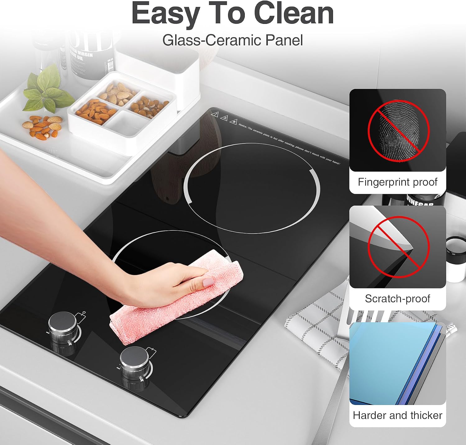 GIHETKUT Electric Cooktop,110V 2100W Electric Stove Top with Knob Control, 10 Power Levels, Kids Lock & Timer, Hot Surface Indicator, Overheat Protection,Built-in Radiant Double induction cooktop