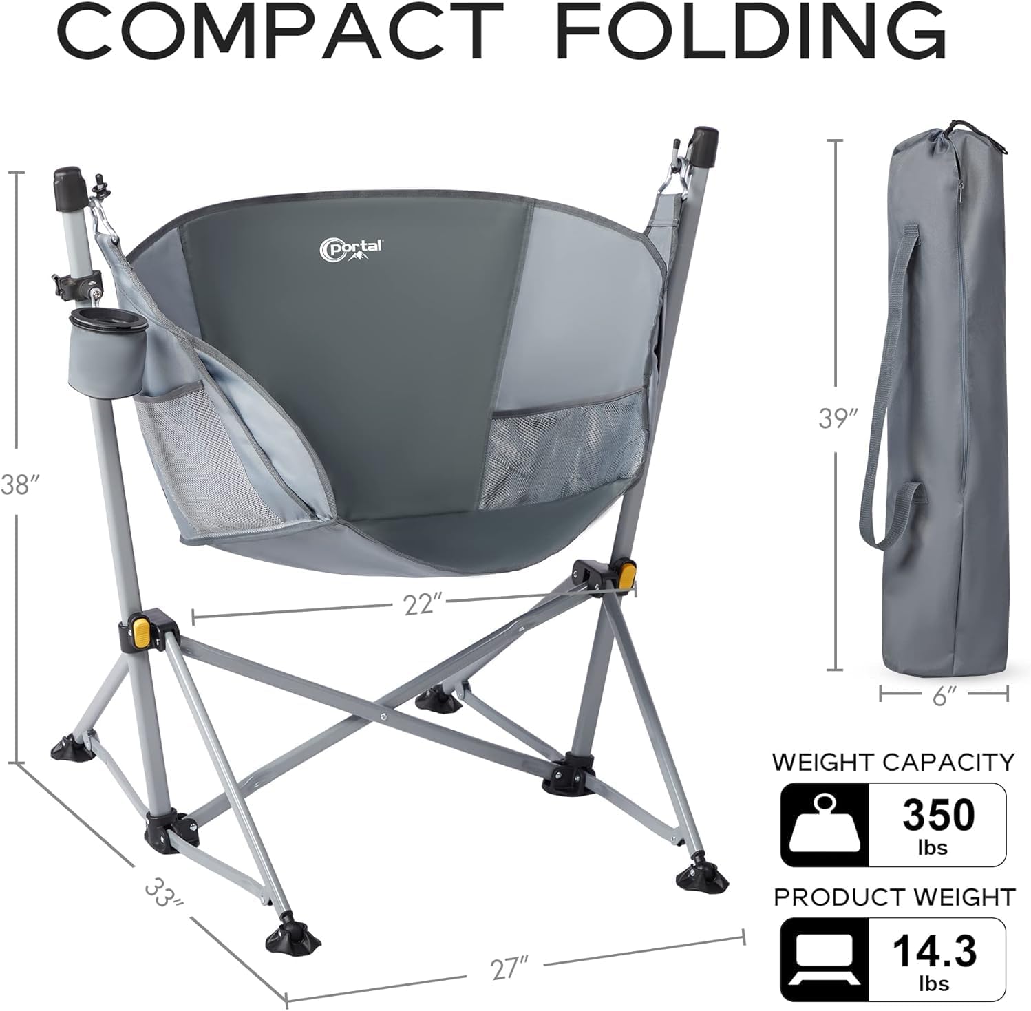 Portal Large Hammock Camping Chair Folding Rocking Chairs Portable Swinging Chair Wide Seat for Outdoor Lawn Patio Garden,Support 350 lbs, Grey, 2 Pack