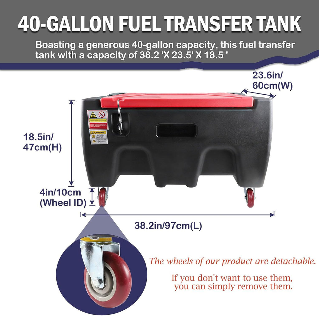40 Gallon Fuel Transfer Tank with Detachable Wheels for Cars, Motorcycles & Boats, Holds Gasoline & Diesel, 12GPM 12V DC Fuel Transfer Pump & Manual Fueling Nozzle for Lawn Mowers & Snowblowers