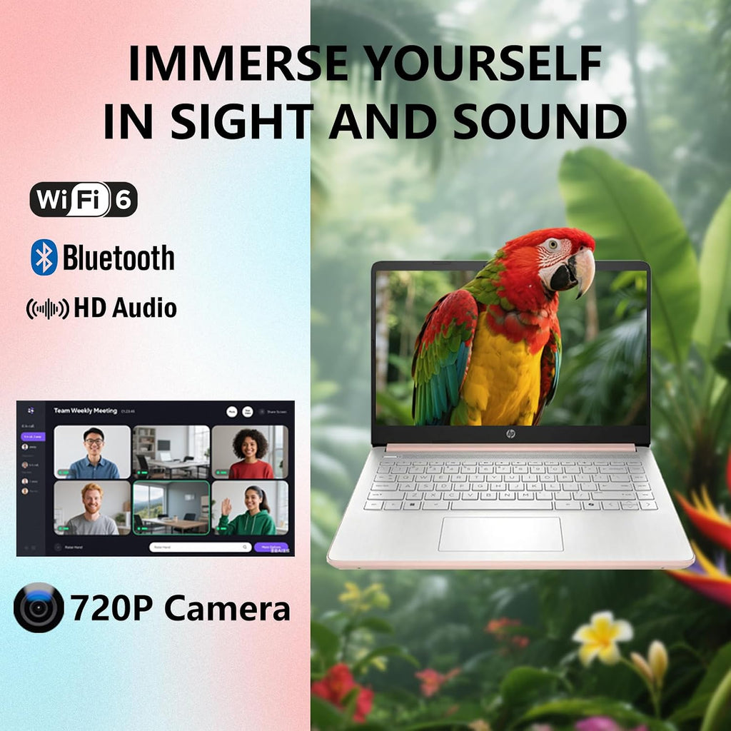HP 14 Elite Laptop, 8GB RAM, 1.12TB Total Storage (64GB+64GB MSD+1TB Cloud), Rose Gold Pink, Office 365, Intel Multi-Core, Win11, Copilot AI, 11Hr Battery, Alpacatec Mouse