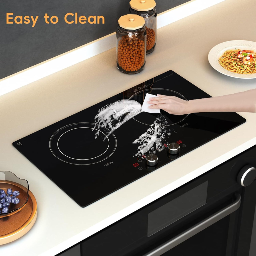 2 Burner Electric Cooktop 24 Inch, 120V Electric Stove Top with Countertop & Built-in Design, 1800W Knob Control Radiant Ceramic Cooktop with Safety Lock, 9 Level Power, 99 Min Timer - Plug in
