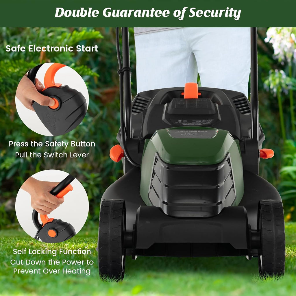 S AFSTAR Electric Corded Lawn Mower, 12-AMP 14-Inch Walk-Behind Lawnmower with Collection Box, 3 Adjustable Height Position, Self Locking Function, Push Lawn Mower for Backyard Patio