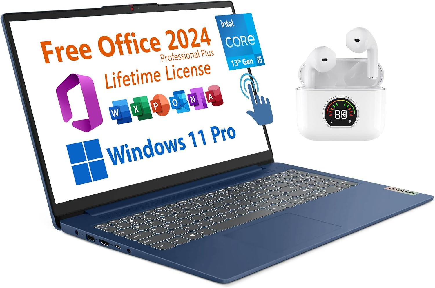 Lenovo 15.6' Laptop, Free Microsoft Office 2024 with Lifetime License, FHD Touchscreen, Intel 10-Core i5-1335U 4.6 GHz, 8GB RAM, 1TB SSD, WiFi 6, 7 hrs Battery Life, Windows 11 Pro, Toree Earbuds