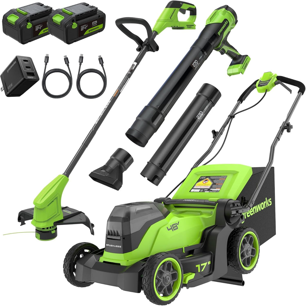 Greenworks 48V (24V x 2) 17' Brushless Push Mower + 270 CFM/130MPH Blower + 12' String Trimmer Combo with (2) 4.0Ah Batteries, 65W Type-C Charger & (2) 3-ft Cables