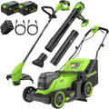 Greenworks 48V (24V x 2) 17' Brushless Push Mower + 270 CFM/130MPH Blower + 12' String Trimmer Combo with (2) 4.0Ah Batteries, 65W Type-C Charger & (2) 3-ft Cables