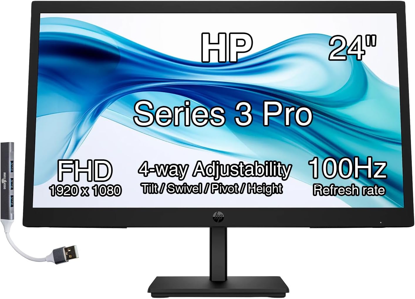 HP Series 3 Pro 324pe 24' FHD IPS Monitor w/ 5ms Response Time, Anti Glare, Flicker Free, Pivot, VGA, VESA Mount (100mm), Displayport, HDMI, & DKZ USB Port Expander, Black Color (B1GM5AA#ABA)