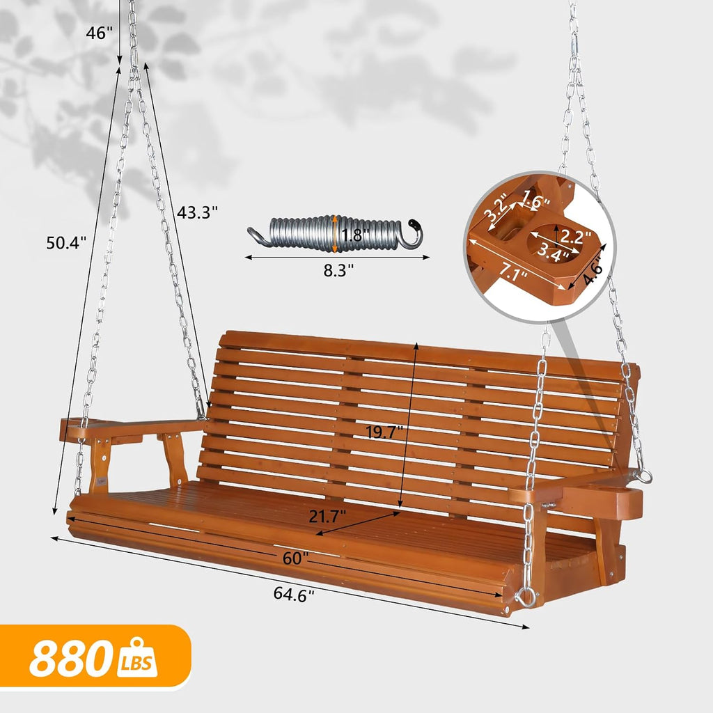 VINGLI XL Size Patio Wooden Porch Swing Outdoor with Cup Holders & Phone Slots, Heavy Duty 880 LBS Hanging Swing Chair Bench with Hanging Chains for Yard, Lawn, Garden (5 FT Pro, Brown)
