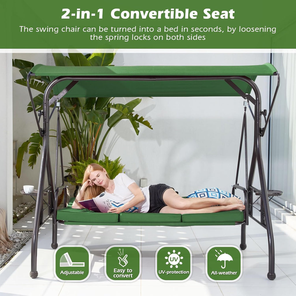 ZZW 800LBS Patio Swing with Canopy 3 Seat Outdoor Porch Swing with Stand w/Cup Holder & Pillow Glider Chair Swing Bed for Patio Backyard Poolside (Green)