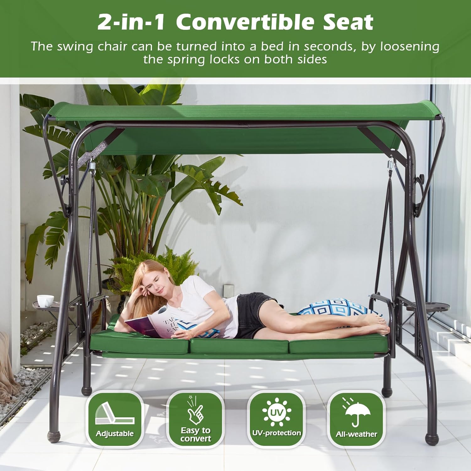 ZZW 800LBS Patio Swing with Canopy 3 Seat Outdoor Porch Swing with Stand w/Cup Holder & Pillow Glider Chair Swing Bed for Patio Backyard Poolside (Green)