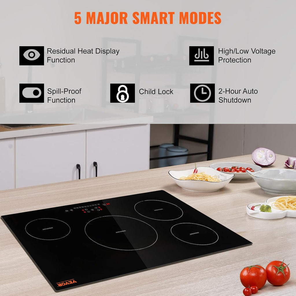 VEVOR Electric Cooktop, 4 Burners, 30'' Induction Stove Top, Built-in Magnetic Cooktop 7500W, 9 Heating Level Multifunctional Burner, LED Touch Screen w/Child Lock & Over-Temperature Protection