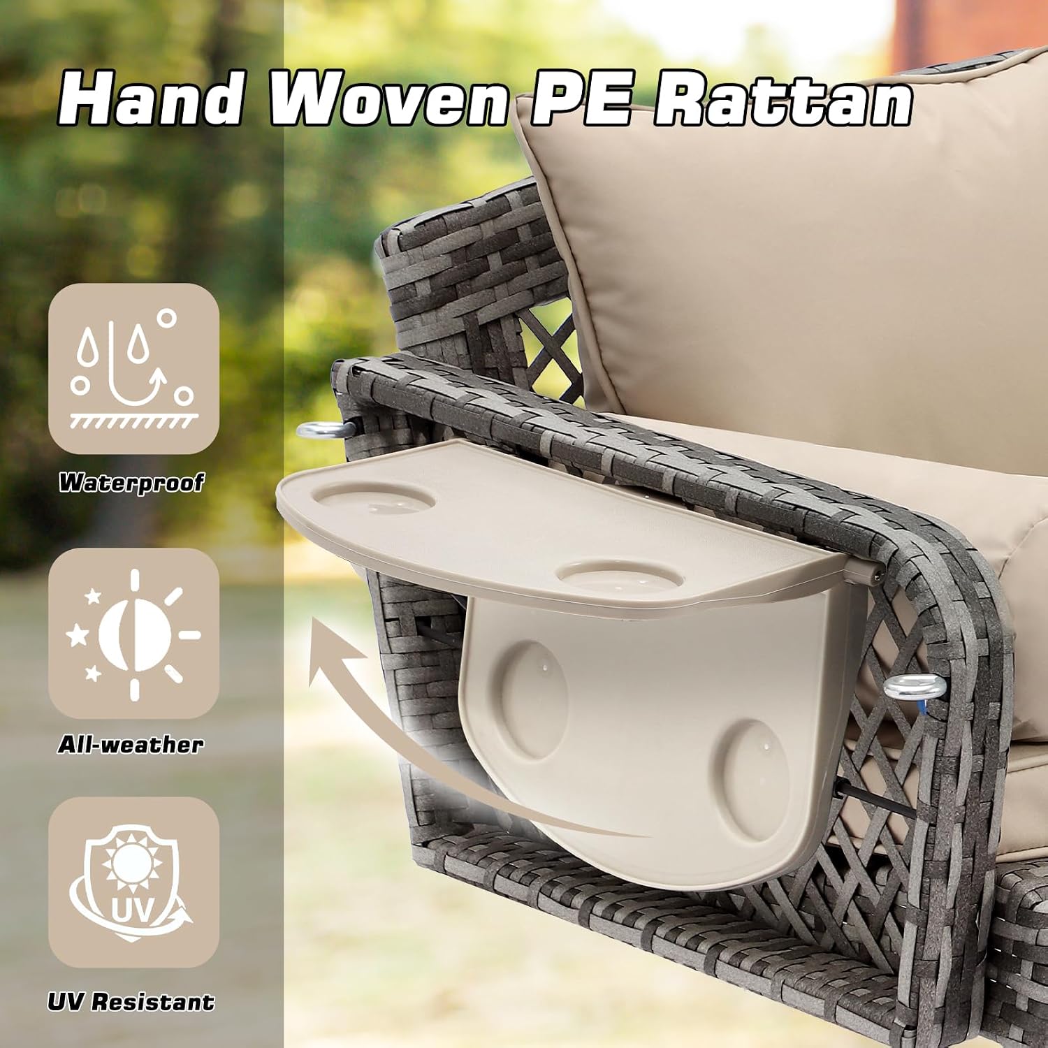 Grepatio Wicker Hanging Porch Swing - Outdoor 3 Person Patio Swing Bench with Cushion & Chains - 3-Seat Porch Swing Chair with Cup Holder for Garden, Yard, Lawn (Khaki Grey Rattan)
