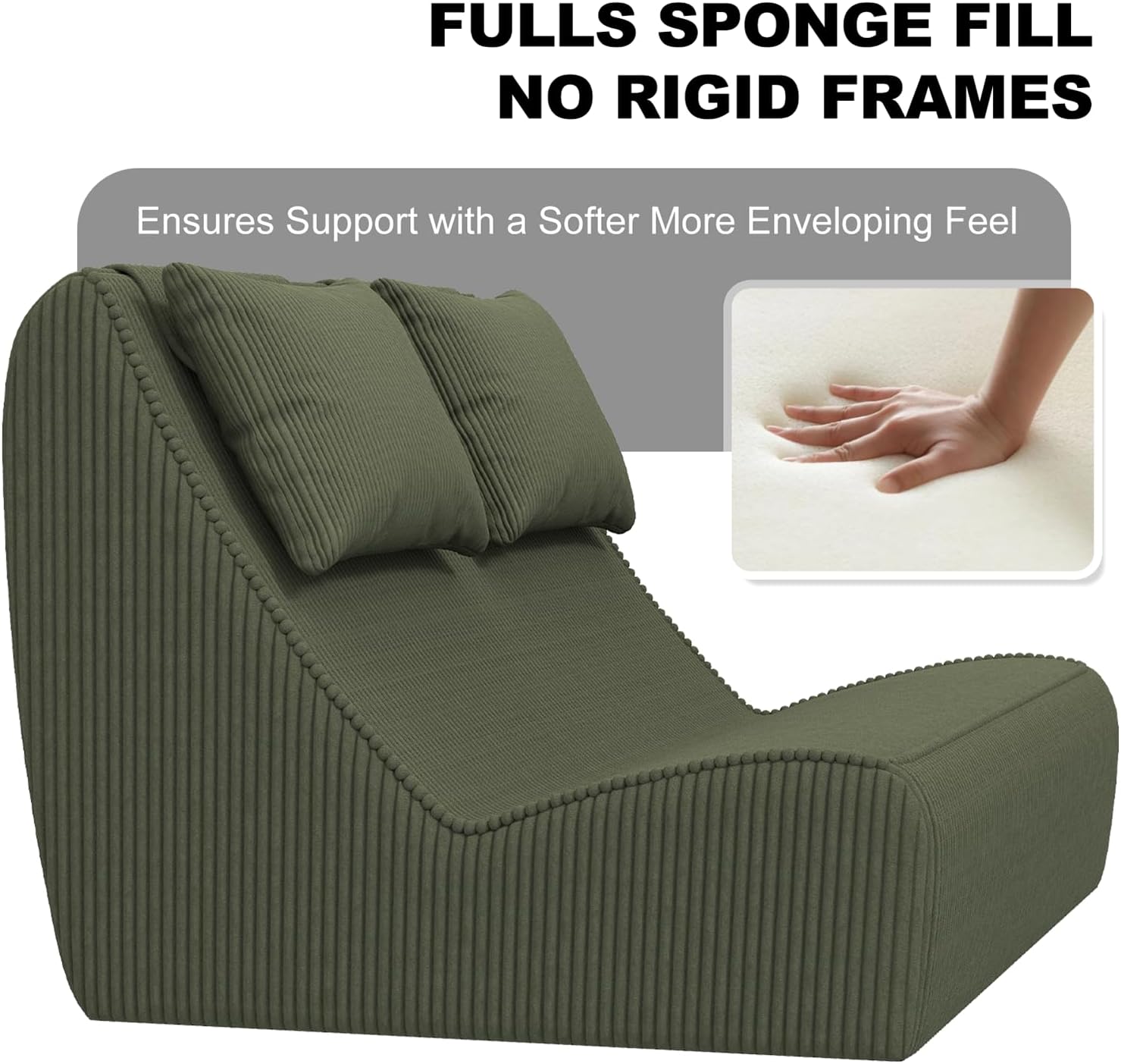 Giant Bean Bag Chair for Adults - Indoor Chaise Lounge with Pillows & Ottomans, Upholstered Loveseat Floor Sofa Chair for Reading, Gaming, Napping, and Movies (Olive Green)