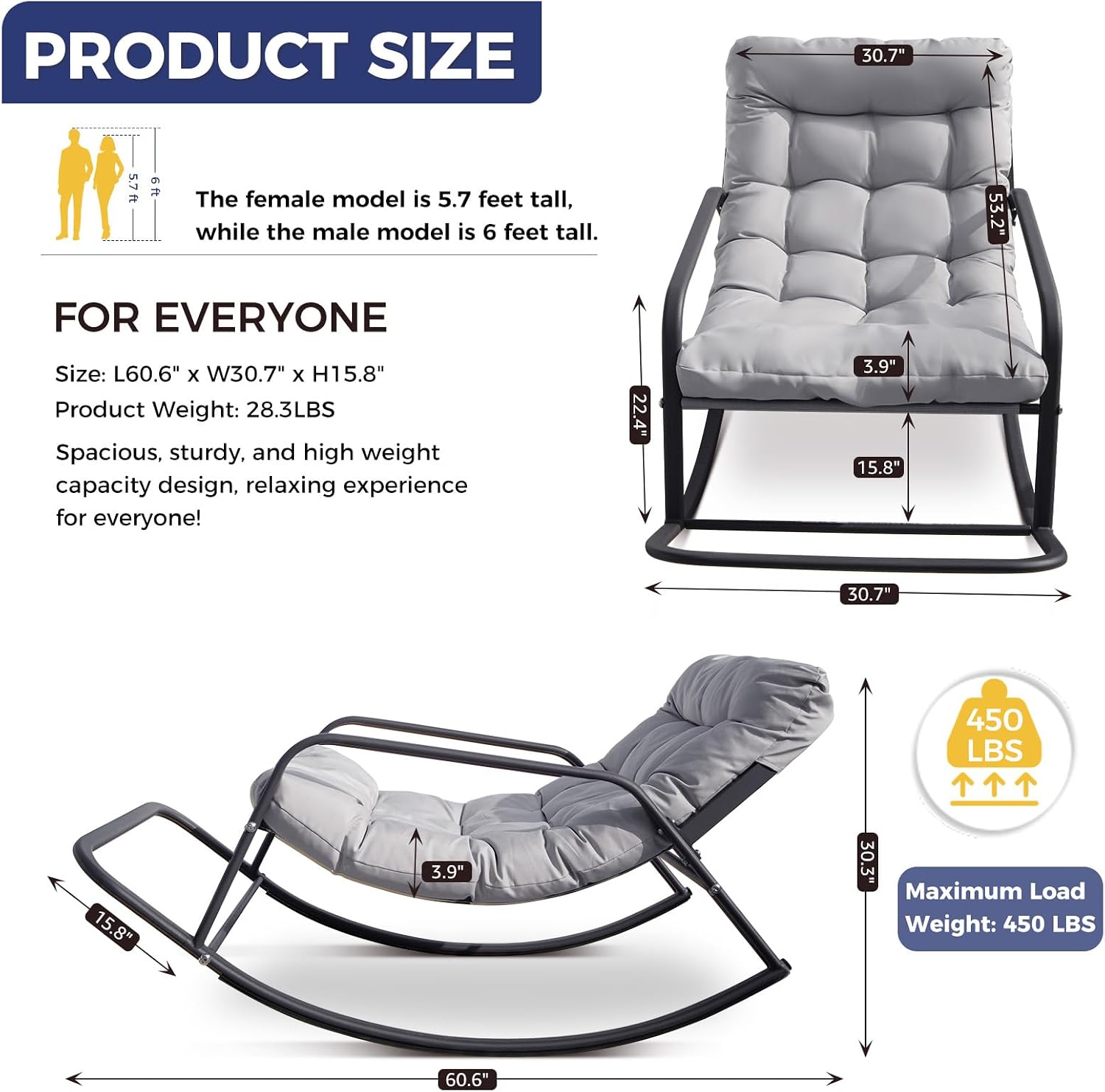 BULEXYARD Grey Oversized Indoor Outdoor Lounge Royal Rocking Chair with Armrest Footrest for Napping Relaxing, Heavy Duty Patio Reclining Papasan Rocker Chair with Padded Cushion for Porch, Sunroom