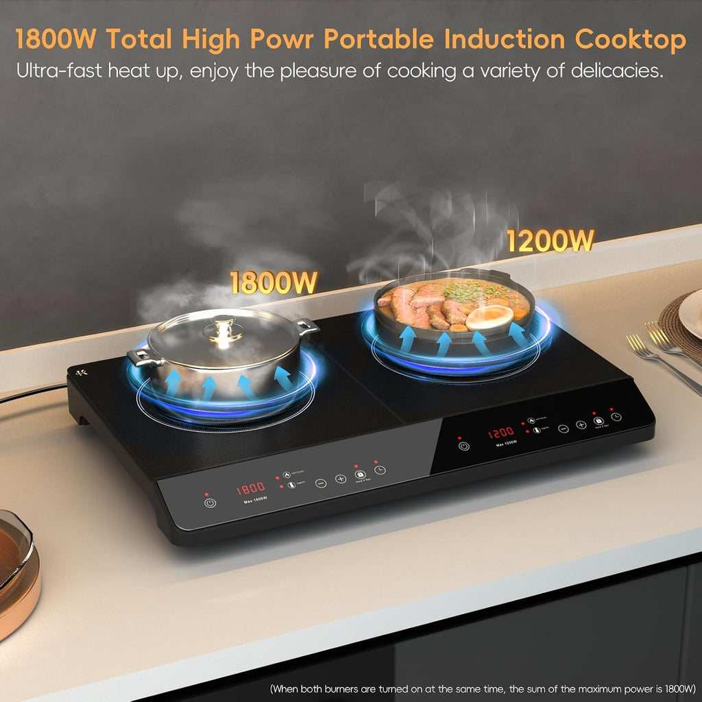 Double Induction Cooktop, 1800W Portable Induction Cooktop 2 Burner Independent Touch Control, Ceramic Electric Stove with 9 Temperature and Power Level, Safety Lock, 3 Hour Timer - Black
