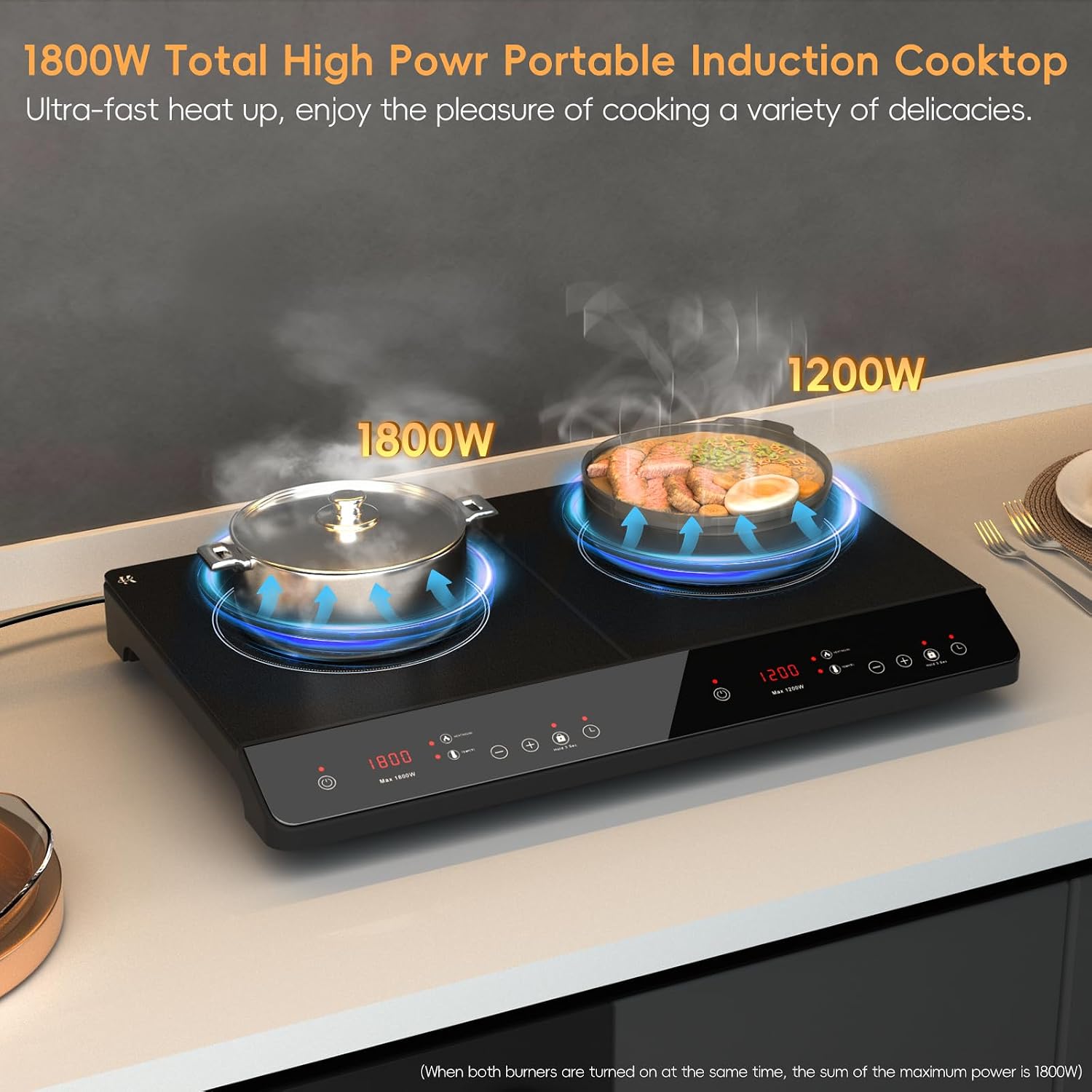 Double Induction Cooktop, 1800W Portable Induction Cooktop 2 Burner Independent Touch Control, Ceramic Electric Stove with 9 Temperature and Power Level, Safety Lock, 3 Hour Timer - Black