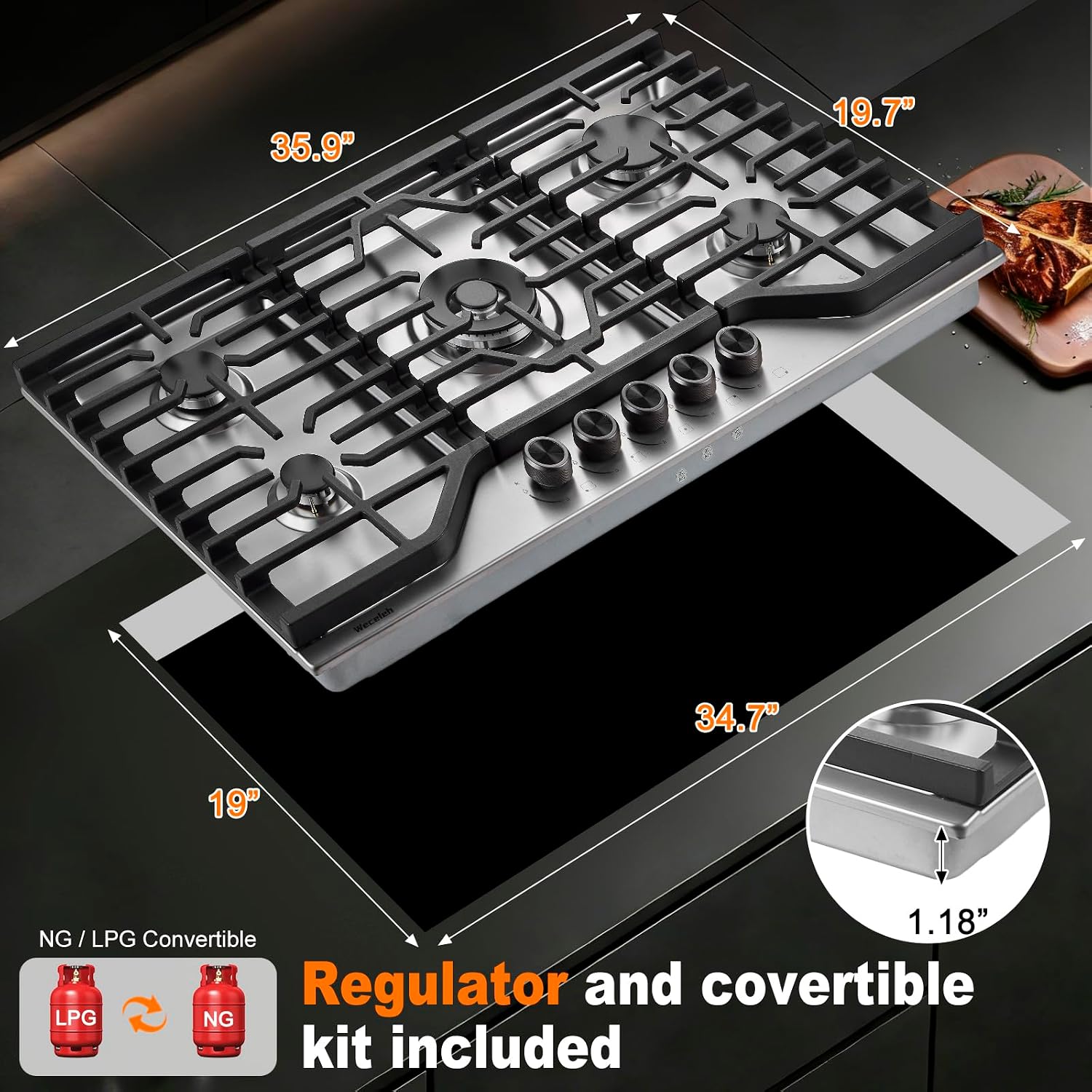 36 Inch Built-in Gas Cooktop 5 Italy SABAF Sealed Burners 40400 BTU Stainless Steel NG/LPG Convertible Cast Iron Grates ETL Certified
