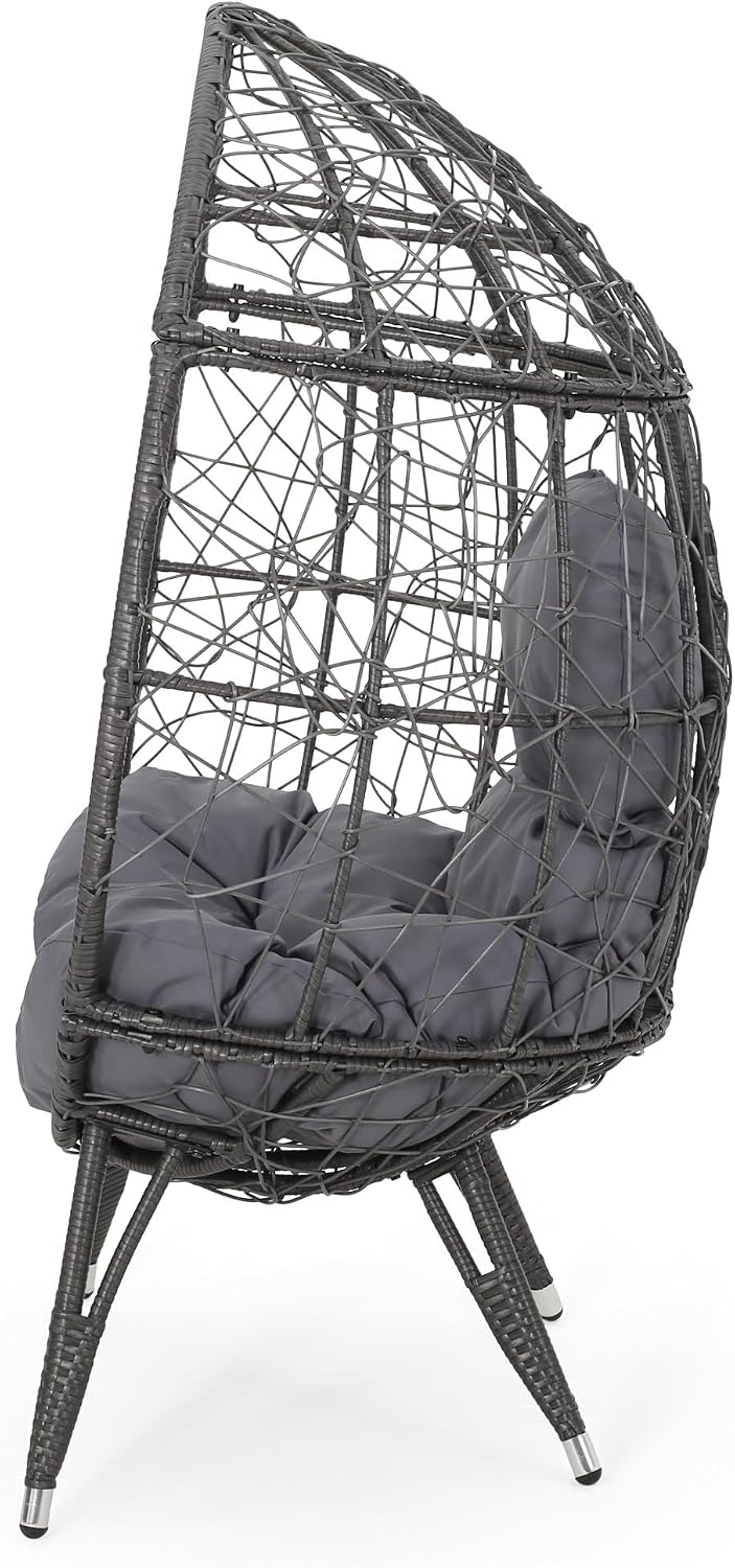 Wicker Egg Chair, Wicker Lounge Chair with Water Resistant Cushion, Indoor Outdoor Lounger for Patio, Backyard, Living Room (Dark Gray)