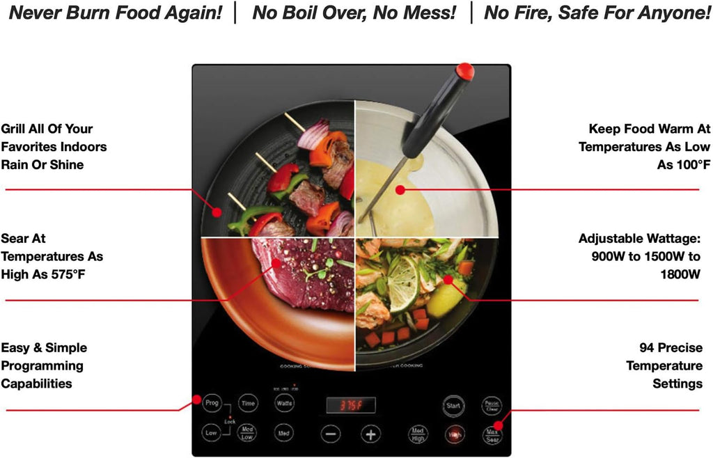 Nuwave Pro Chef Induction Cooktop, Commercial-Grade, Portable, Powerful 1800W, Large 8' Heating Coil & Mosaic Induction Wok, Precise Temp Controls from 100°F to 575°F in 5°F