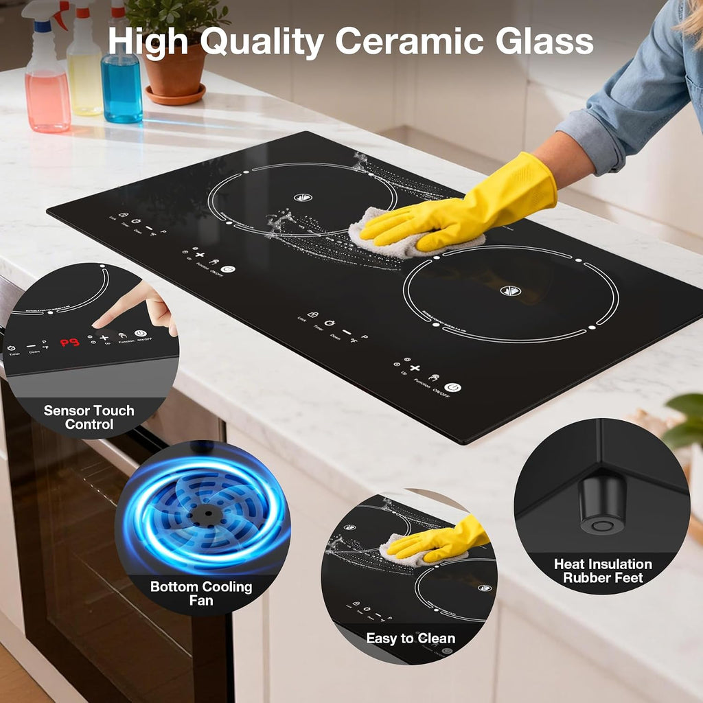 2 Burner Electric Cooktop 110V, 4000W Electric Ceramic Glass Stove Infrared Hot Plate for Cooking, 24 inch Portable Countertop & Built-in Burner, Child Lock, Timer, Touch Control, for Home Dorm Office