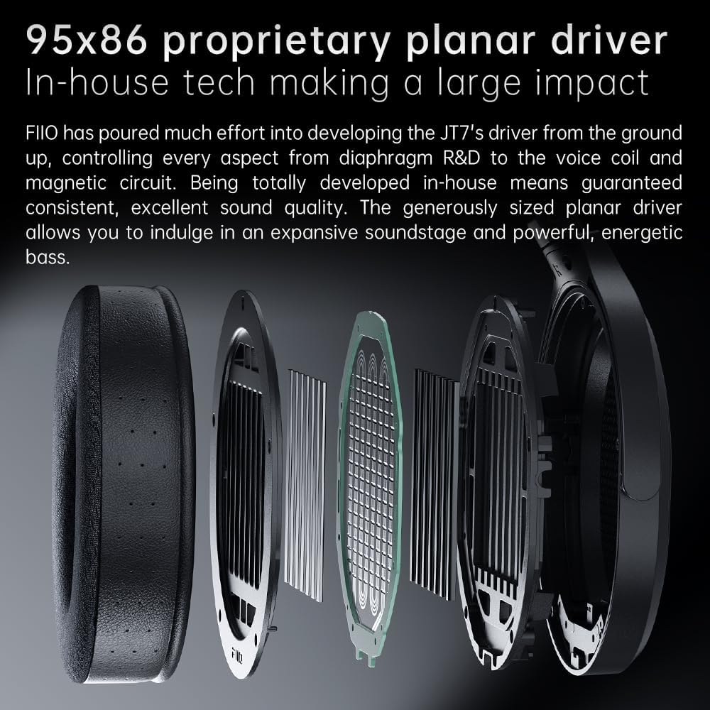 FiiO JT7 Over-Ear Planar Magnetic Headphones, 95x86mm Planar Driver, 3µm Ultra-Thin Diaphragm, Foldable Lightweight Design, Detachable 4.4mm/3.5mm Cable for Audiophiles (Black)