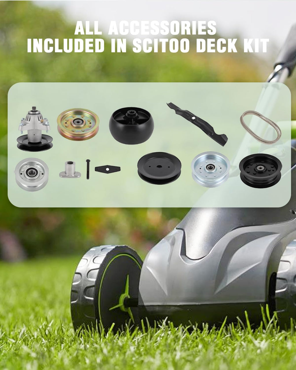 SCITOO Deck Rebuild Kit, 42 Lawn Mower Deck Parts Rebuild Kit Compatible with John Deere 100 Series 102 D105 / E100 /LA100 / X105, 1 Belt 2 Mower Blades 2 Spindle Assembly 2 Idler Pulleys