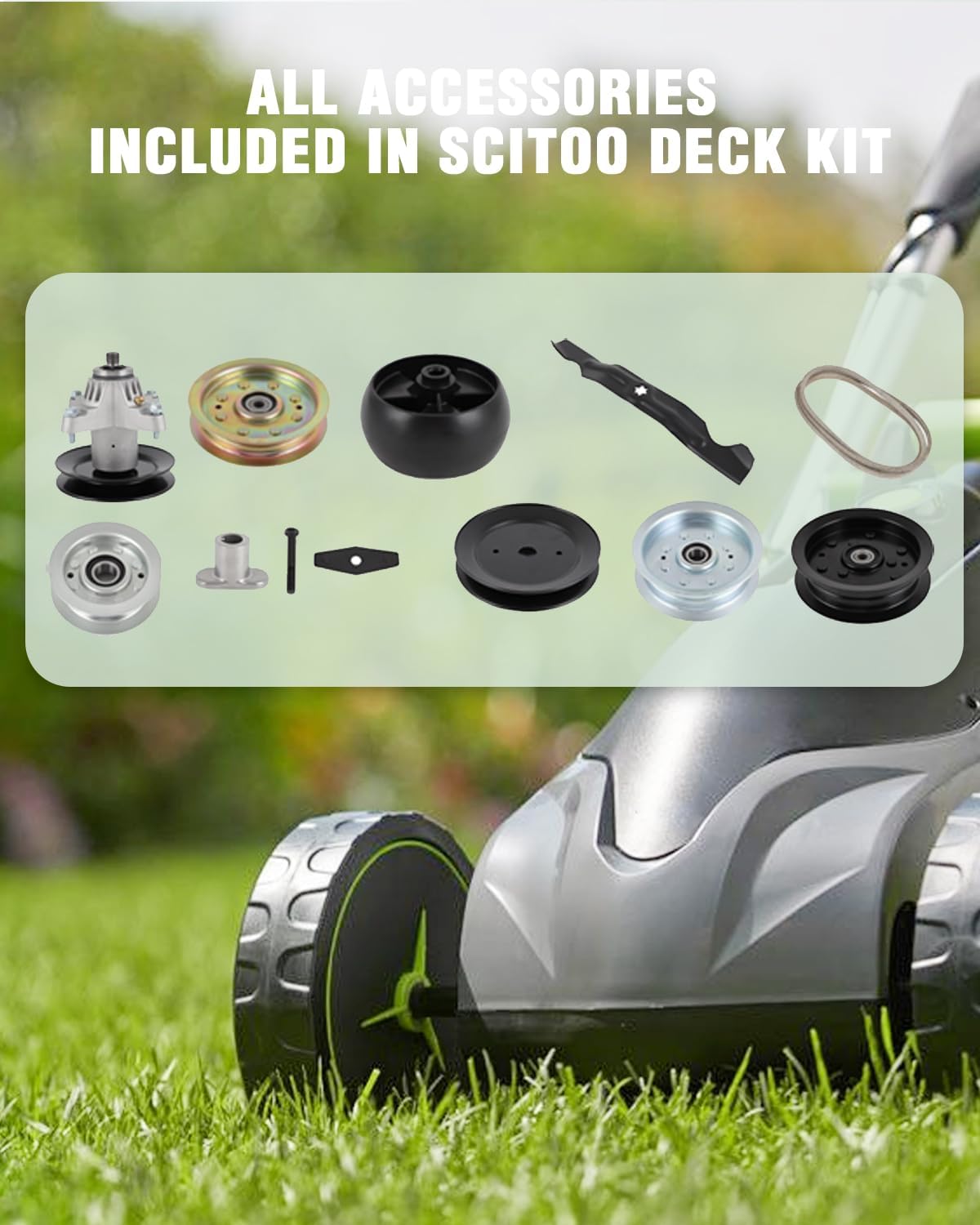 SCITOO Deck Rebuild Kit, 42 Lawn Mower Deck Parts Rebuild Kit Compatible with John Deere 100 Series 102 D105 / E100 /LA100 / X105, 1 Belt 2 Mower Blades 2 Spindle Assembly 2 Idler Pulleys