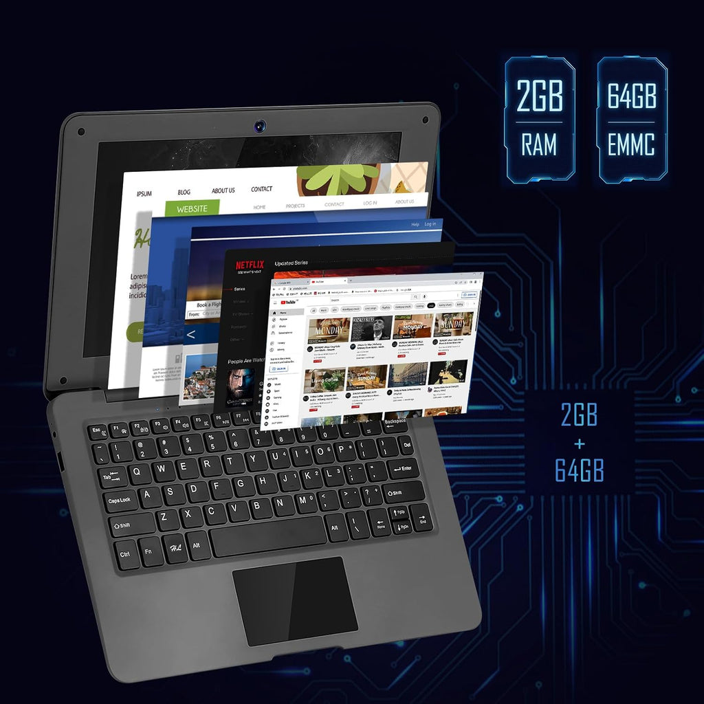 G-Anica Laptop Computer(10.1 inch), Quad Core Powered by Android 12.0, Netbook Computer with WiFi, Webcam and Bluetooth, Mini Laptop with Bag, Mouse, and Mouse Pad for Kids and Adults（Black）
