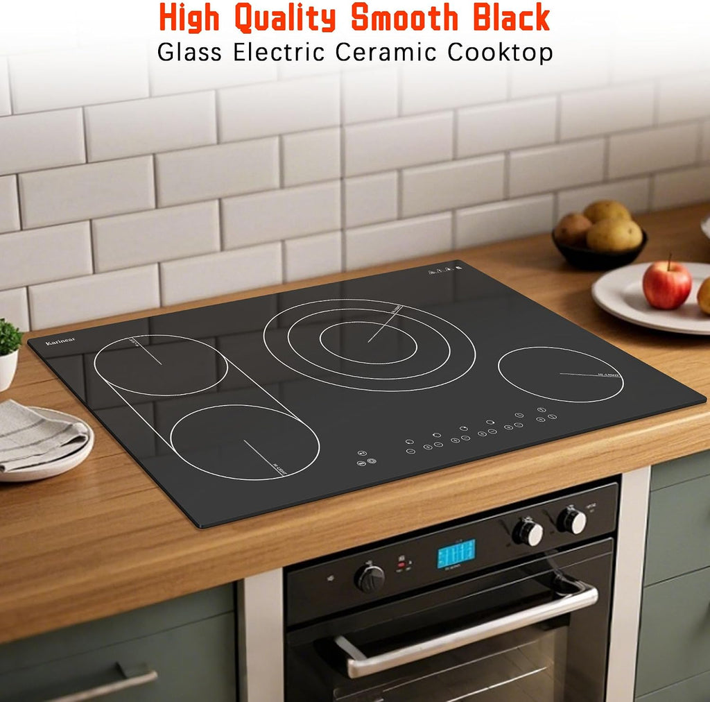 Karinear Electric Cooktop 30 Inch, 4 Burners Electric Stove Top, Flexible Bridge &Triple Ring Expandable Burners, Pause, Timer, Child Safety Lock, 7800W Built-in Ceramic Cooktop for 220-240V Hard Wire
