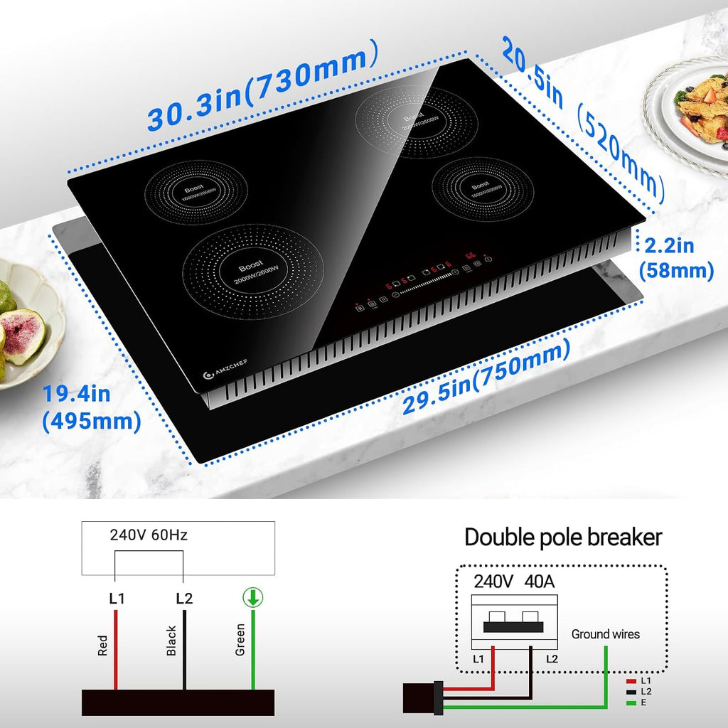 AMZCHEF Electric Cooktop 30 Inch with 4 BOOST Burners Bulid-in Induction Cooktop, 220V-240V/7200W 9 Levels Stove Control by Slide Touch, Child Safety Lock, Pause,Timer and Overheat Protection, No plug