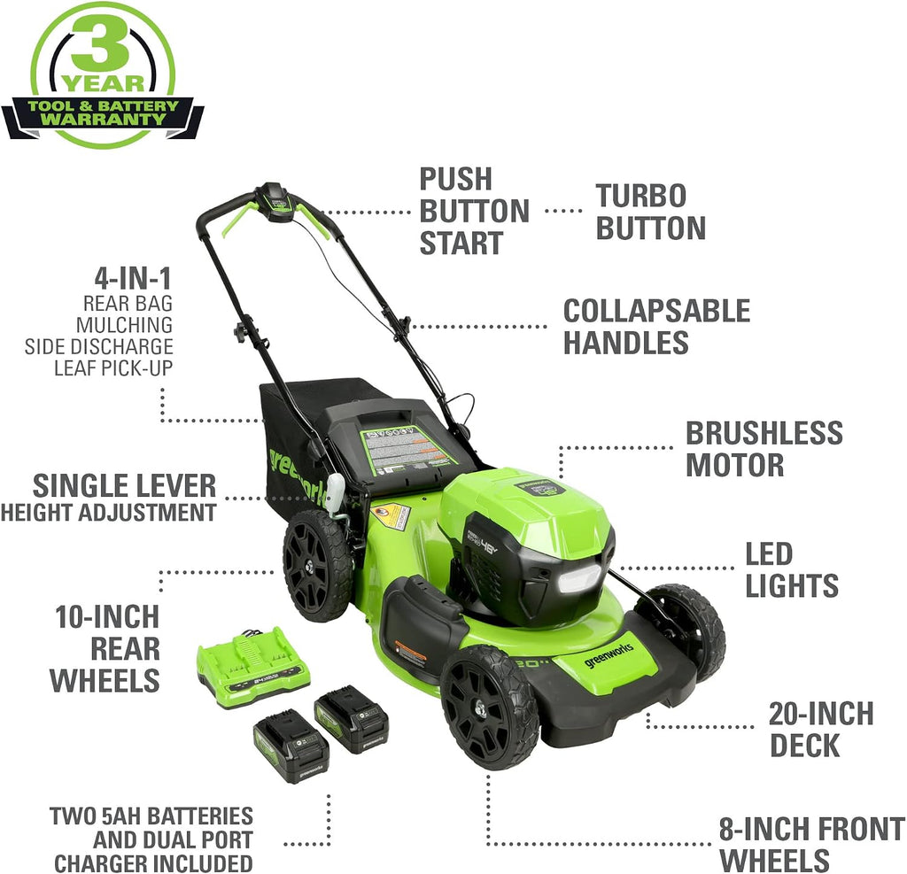 Greenworks 48V 20' Brushless Cordless Self-Propelled Lawn Mower, (2) 5.0Ah USB Batteries (USB Hub) and Dual Port Rapid Charger Included (2 x 24V)