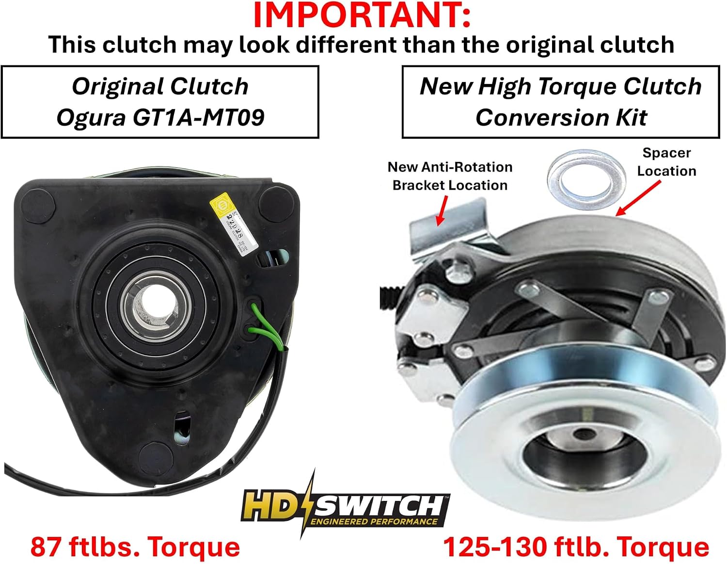 HiTorque130ftlbs (OEM 87) BIGBearing Clutch RZT42 RZT50 & 10a PTO Switch 917-04622 917-04183 5219-99 GT1A-MT09 fits Cub Cadet White ZT42 ZT50 ZT5000 MTD Troy-Bilt 2009 Mustang RZT42 RZT50