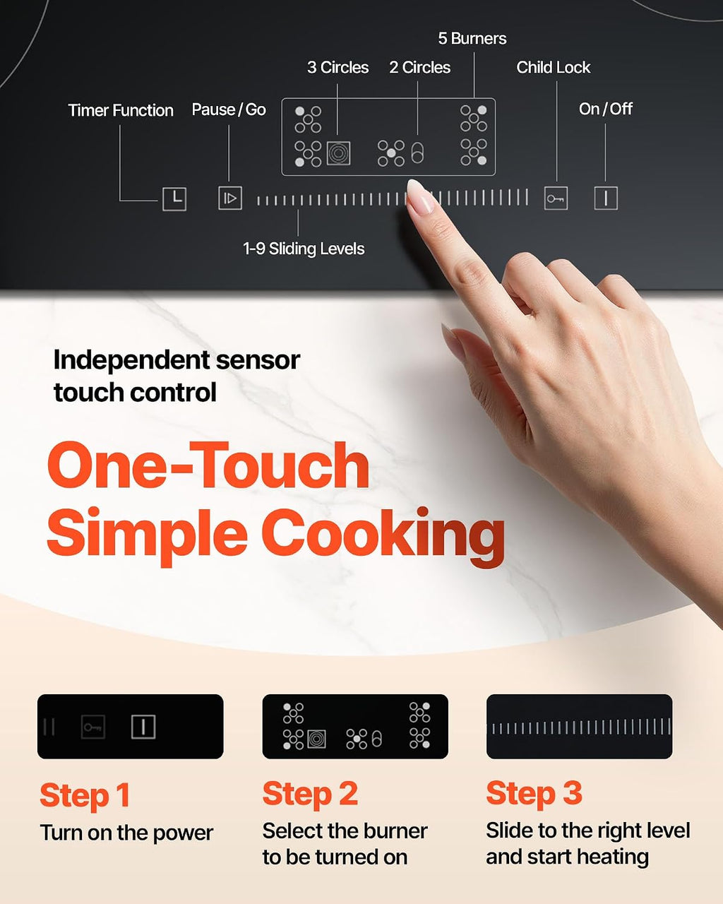 VEVOR Built in Electric Stove Top, 30 inch 5 Burners Ceramic Cooktop, 240V Glass Radiant Cooktop with Sensor Touch Control, Timer & Child Lock Included, 9 Power Levels for Simmer Steam Slow Cook Fry