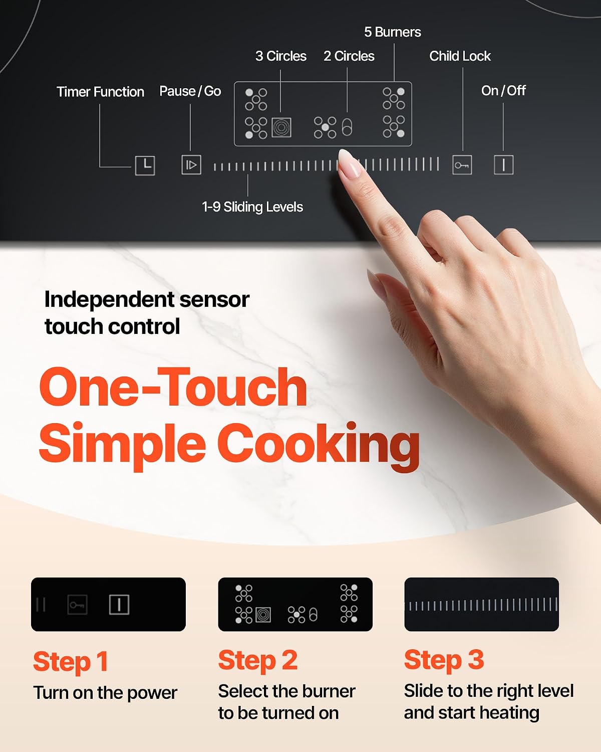 VEVOR Built in Electric Stove Top, 30 inch 5 Burners Ceramic Cooktop, 240V Glass Radiant Cooktop with Sensor Touch Control, Timer & Child Lock Included, 9 Power Levels for Simmer Steam Slow Cook Fry
