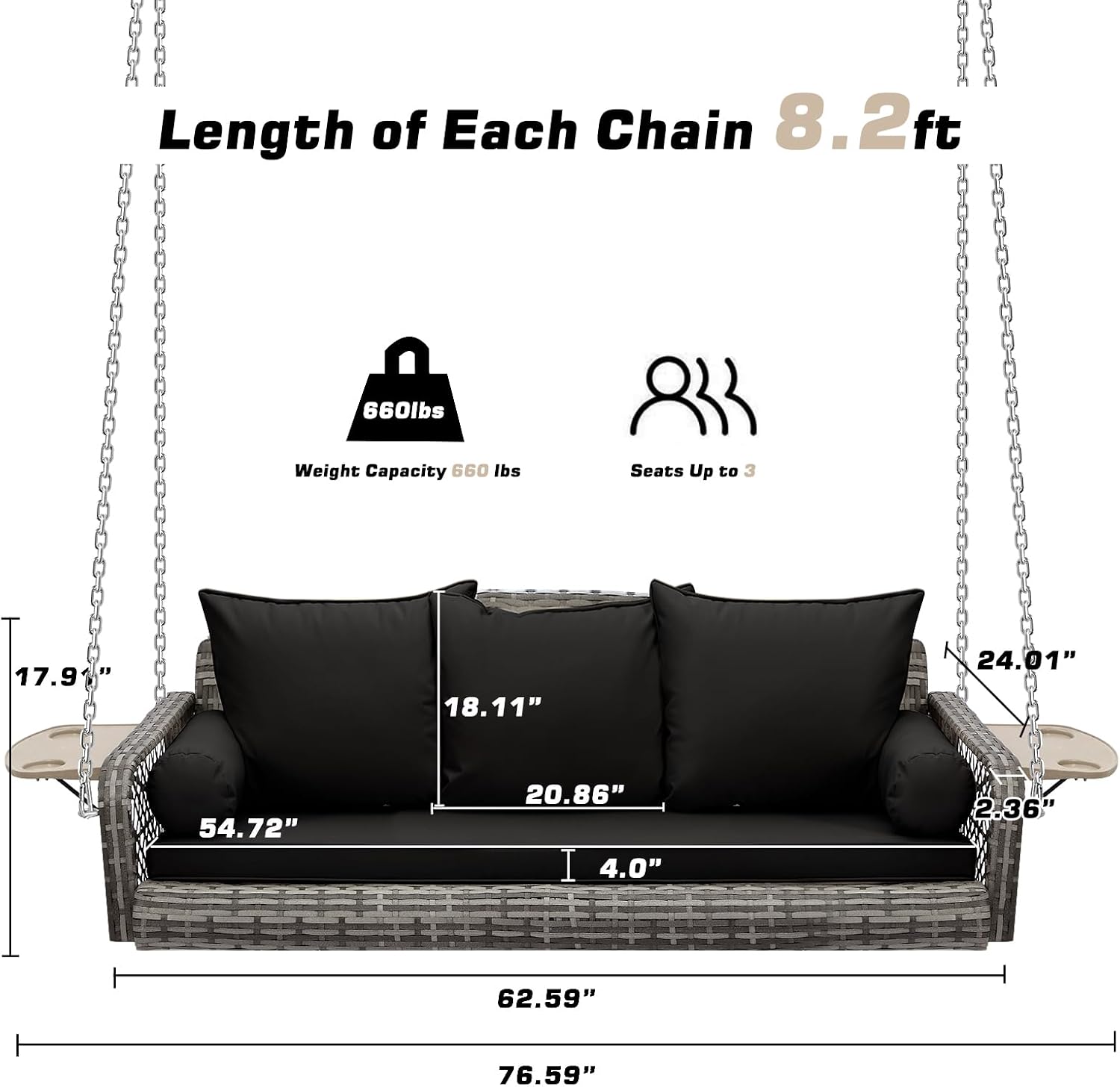 Grepatio Wicker Hanging Porch Swing - Outdoor 3 Person Patio Swing Bench with Cushion & Chains - 3-Seat Porch Swing Chair with Cup Holder for Garden, Yard, Lawn (Black Grey Rattan)