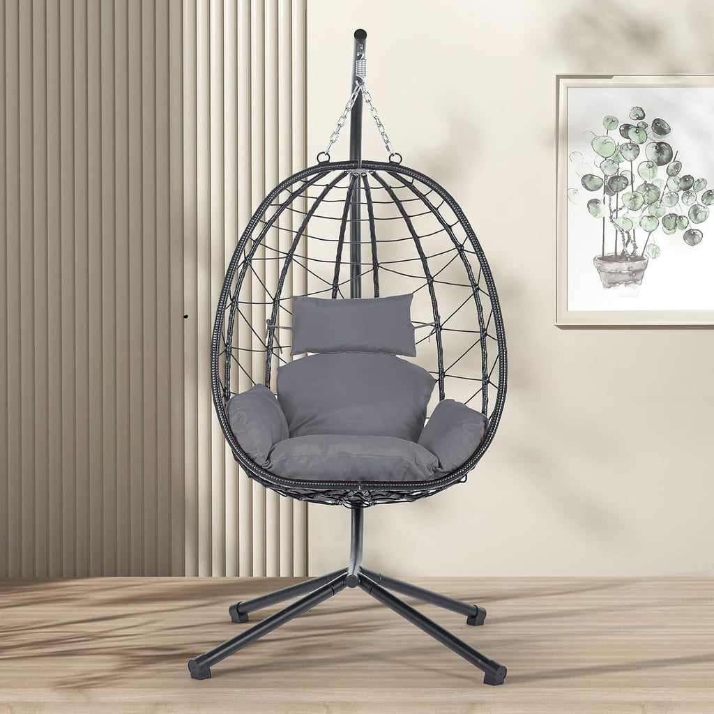 Hanging Egg Chair with Stand, Black Wicker Rattan Swing Egg Chair, Indoor Outdoor Swing Chair for Patio Balcony Porch Bedroom, 350 LBS Capacity (Dark Gray)