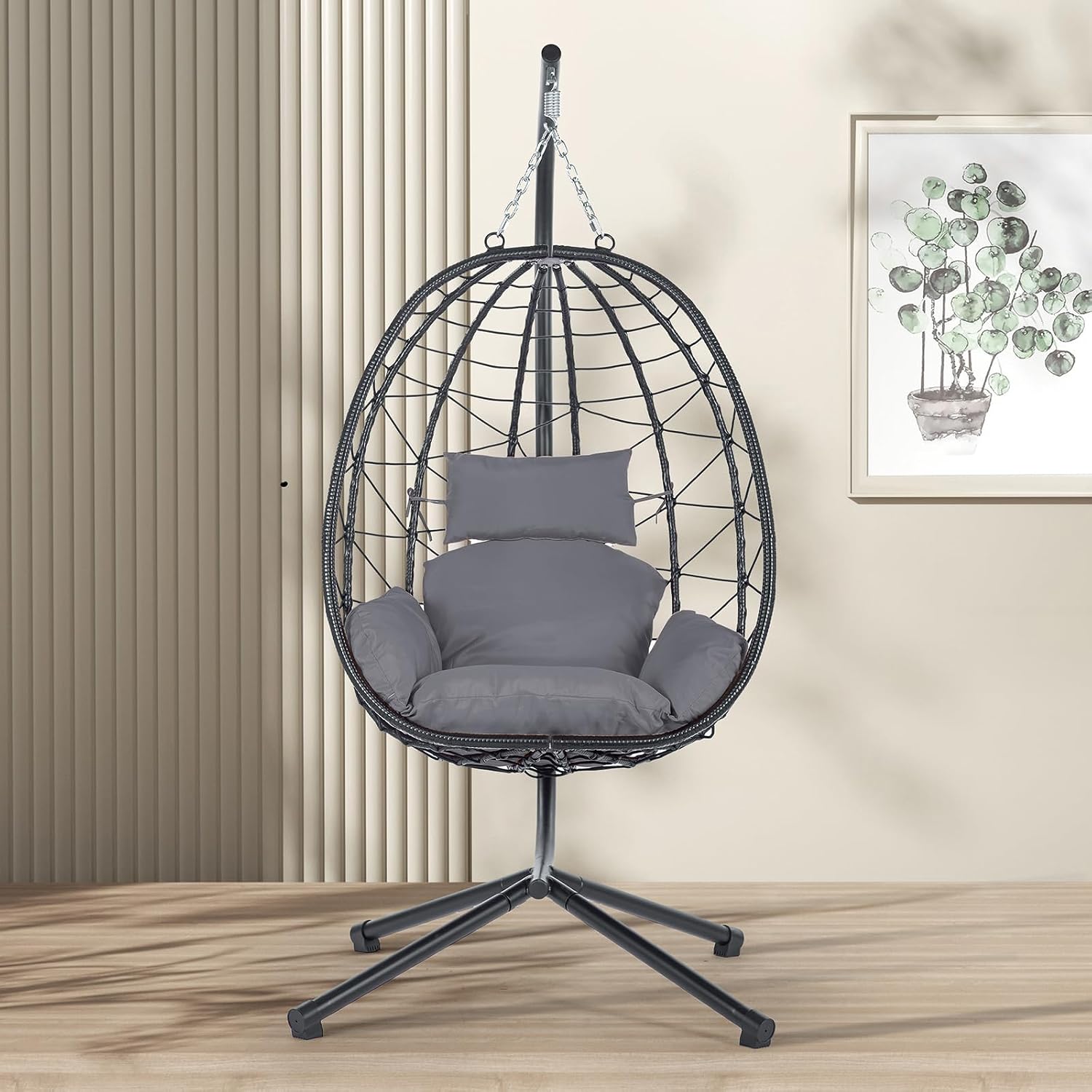 Hanging Egg Chair with Stand, Black Wicker Rattan Swing Egg Chair, Indoor Outdoor Swing Chair for Patio Balcony Porch Bedroom, 350 LBS Capacity (Dark Gray)