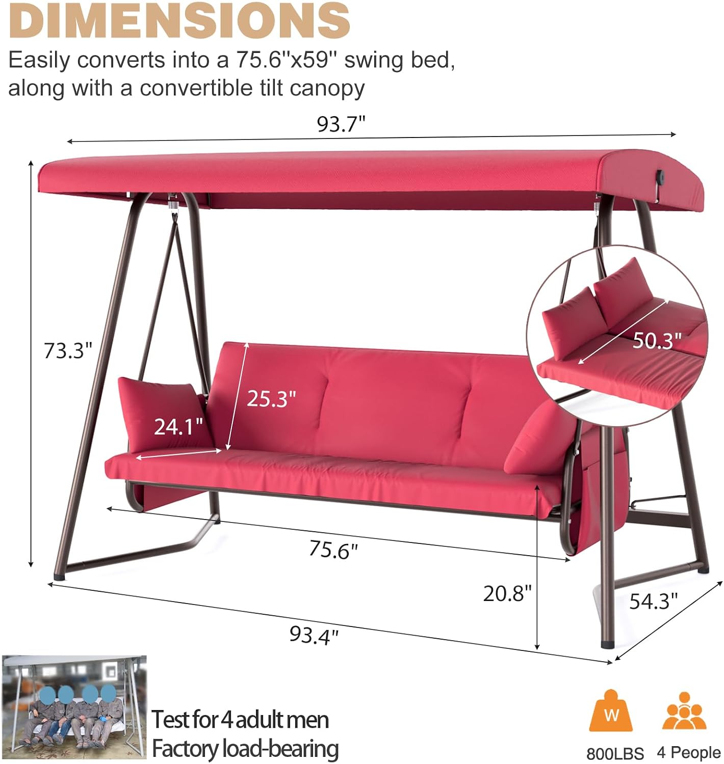 3-4 Person Oversized Outdoor Porch Swing with Adjustable Backrest Canopy,2-in-1 Swing Bed 800 lbs Capacity,Patio Swing with Removable Cushions for Yard Garden Poolside Balcony