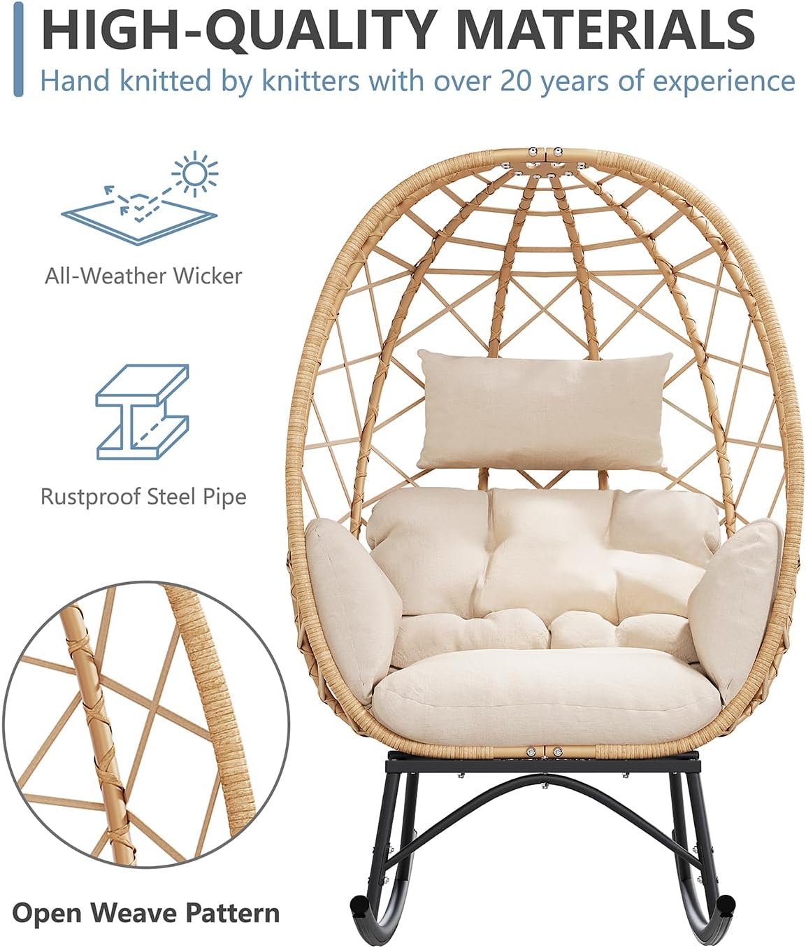 SWITTE Wicker Egg Rocking Chair Outdoor, Oversized Patio Lounge Chairs with Cushion for Indoor Living Room, Bedroom, Outside Backyard Balcony-Beige