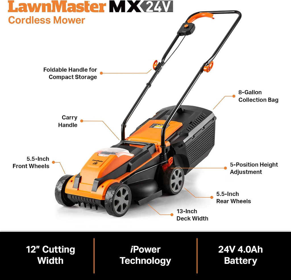 LawnMaster 24VMWBL 24V Max 13-inch Cordless Lawn Mower and Cordless Leaf Blower Combo with 2x4.0Ah Batteries and Charger