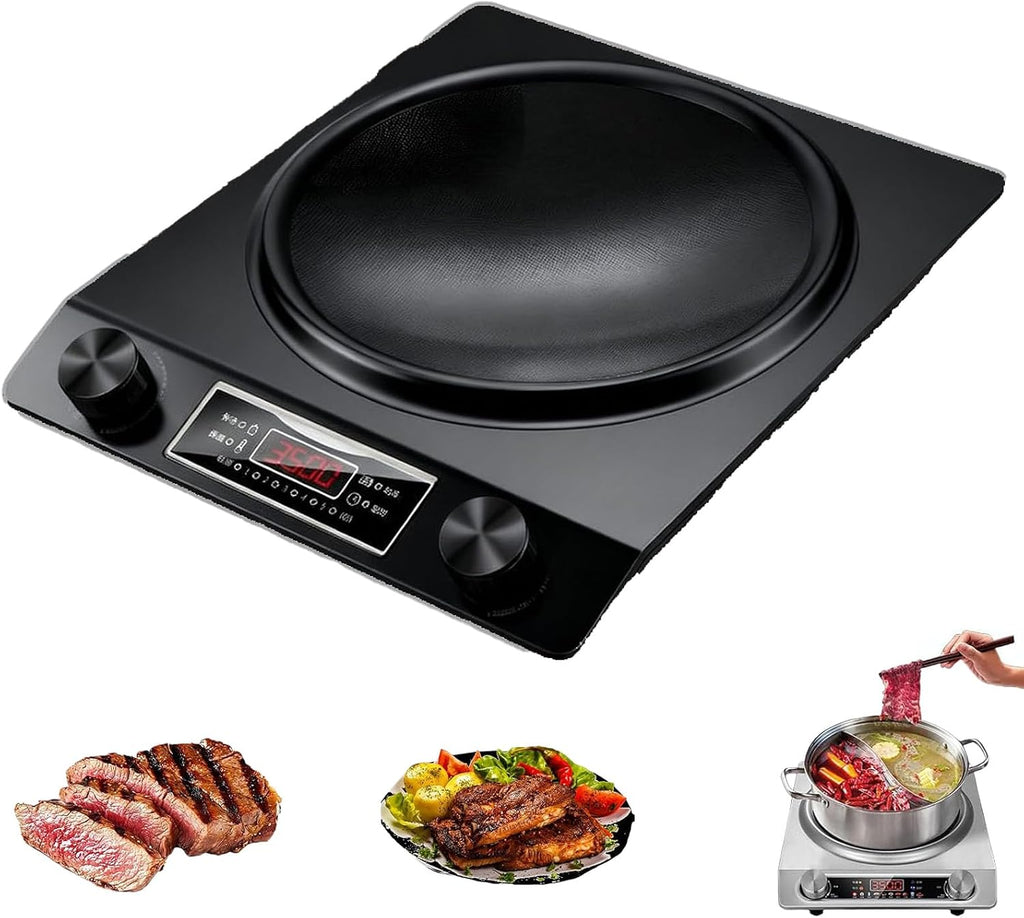 3500-Watt Induction Cooktop with Concave Design, with 10 Temperature Levels, Portable Multifunctional Concave Induction Stove Electric Heater, with LCD Display & Knob Control (BLACK)