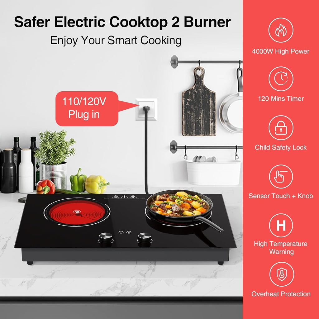 4000W Electric Cooktop: 24' Electric Stove 2 Burner Hot Plate Double Burner, Knob Control Countertop & Built-in, 9 Power Levels, Child Lock, Timer, Suitable for All Pans