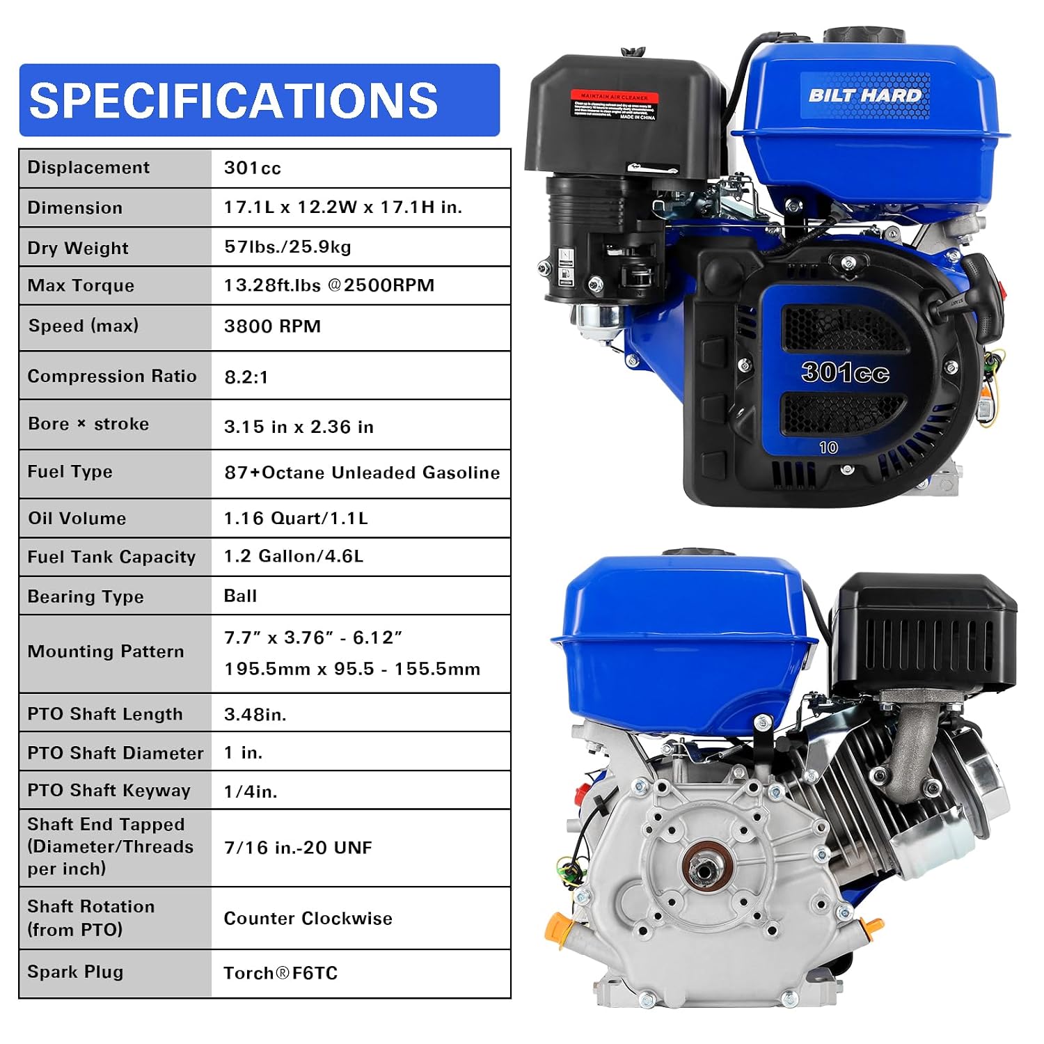 BILT HARD 301cc 10HP Gas Powered Engine, Horizontal 4 Stroke OHV Gas Motor, Shaft 1' Diameter, 3.48' Length, 1/4' Keyway, Replacement for Compressor, Log Splitter