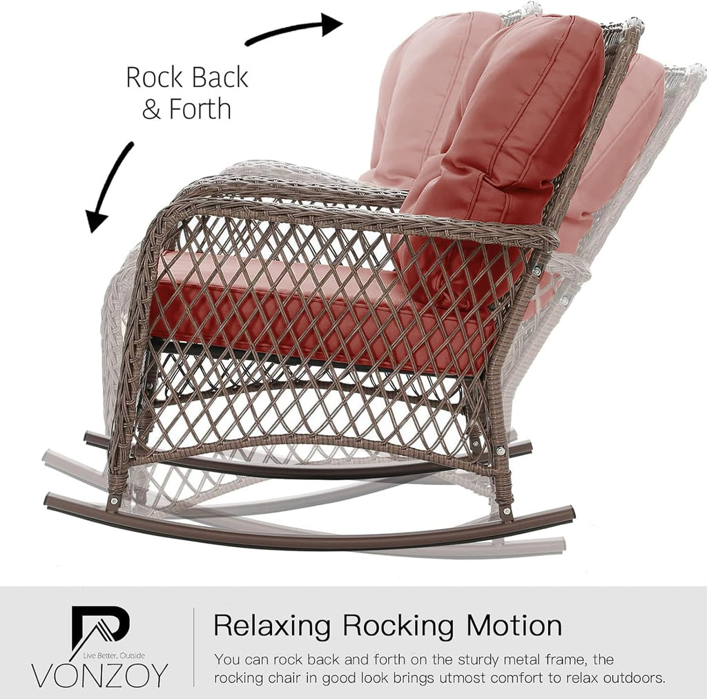 Patio Furniture Set 3 Pieces, Rocking Bistro Set with Thick Cushions, Brown Wicker Outdoor Rocker Chairs and Coffee Table for Porch, Backyard or Garden (Red)