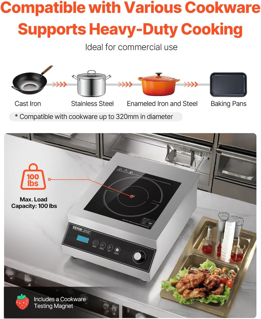 VEVOR Portable Commercial Cooktop, 5000W Induction Burner with 16 Temp Settings, Stainless Steel Countertop Induction Hot Plate with 4H Timer, Child Lock