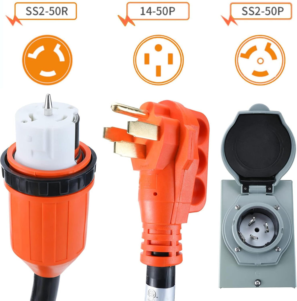 25 ft 50 Amp Generator Cord and Power Inlet Box Combo Kit,125/250 Volts,Generator Power Cord NEMA 14-50P to SS2-50R Extension Cord,for Home RV Backup Power Solution