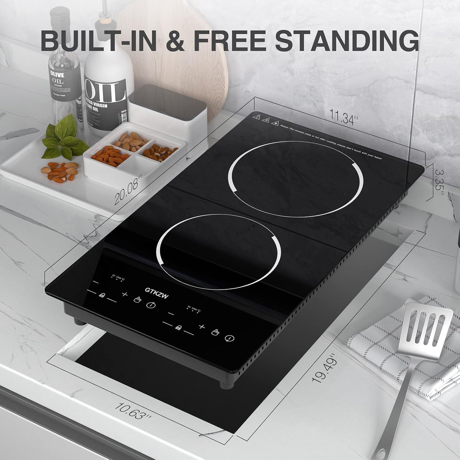 12' Induction Cooktop, Double Induction Cooktop 2 Burner 110v-120v Electric Stove Top, Countertop and Built-in, 9 Power Levels, Child Lock, 120 Mins Timer