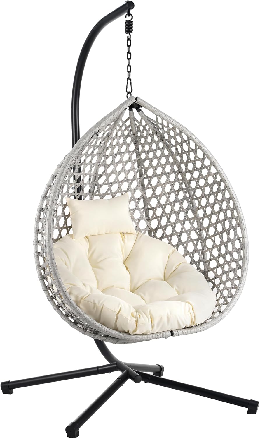 Single Hammock Chair with Stand Durable Hanging Egg Chair with Rattan Weaving, Indoor Outdoor Swing Chairs with Soft Removable Cushion for Balcony, Bedroom, Patio, or Garden, Grey+Beige