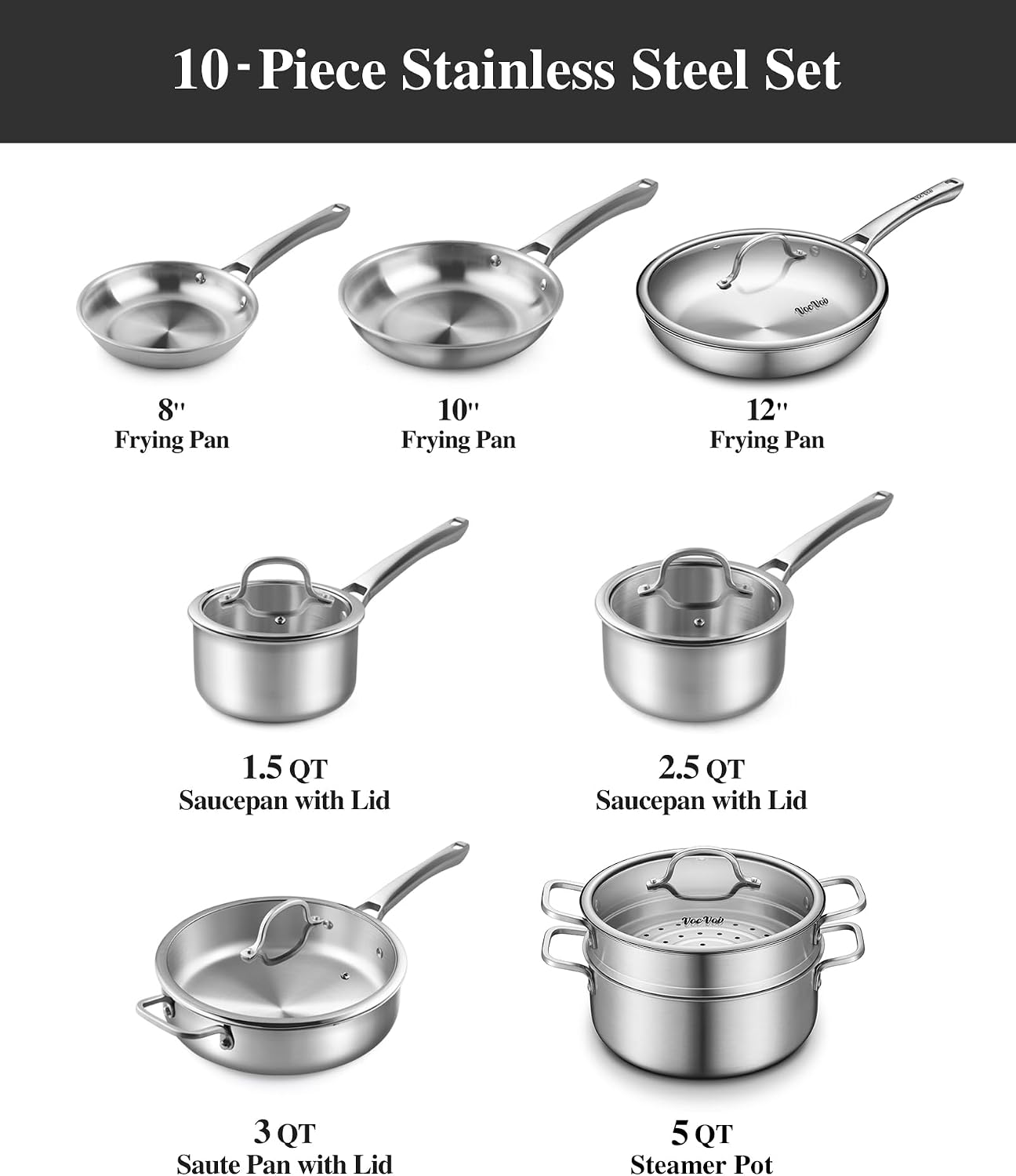 Stainless Steel Cookware Set,Tir-Ply Pots and Pans Set,13 Pcs Stainless Steel Induction Kitchen Cookware Sets,PFOA Free, Frying Pans, Butter warmer,Saute Pan & Stock Pot,Compatible with All Cooktops
