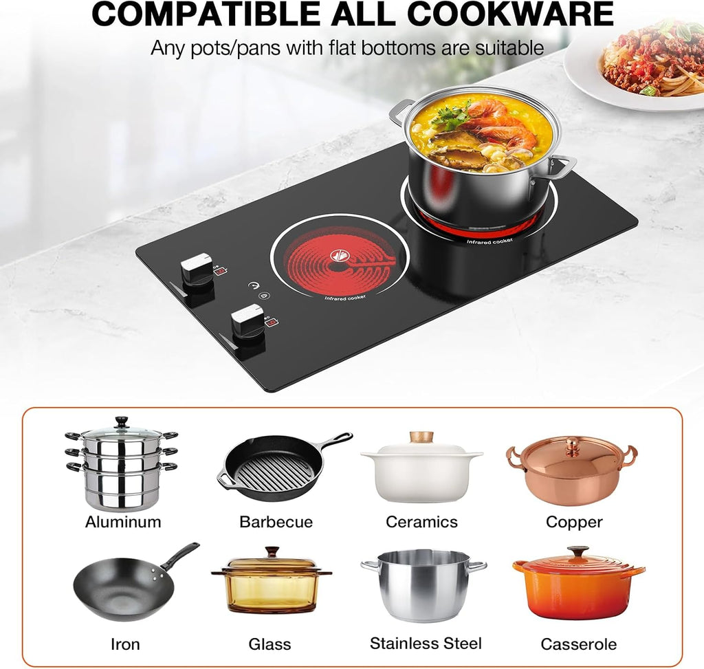 2 Burner Electric Cooktop - 12' Infrared Electric Stove Top with Knob Control, Countertop & Built-in, 2100W Ceramic Electric Hot Plate with 9 Power Levels, Child Lock, Timer, Residual Heat Warning
