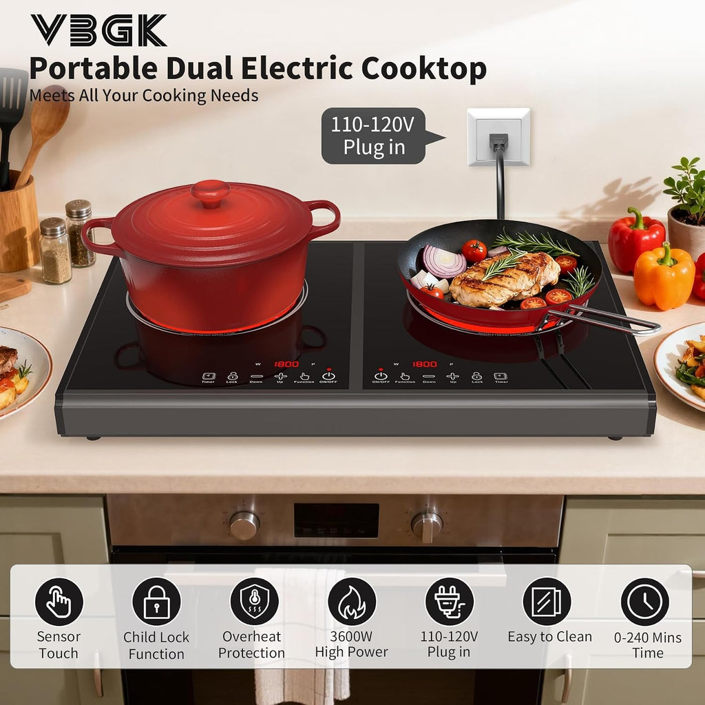 VBGK Electric Cooktop, 110V 3600w Stove top, 22 inch Countertop with 9 Power Levels, LED touch control Overheat Protection, Child Safety Lock & Timer, touch control 2 burer Electric cooktop